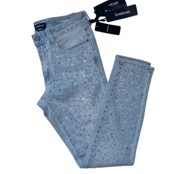 NWT Bebe Shooting Star Skinny Jeans 29 Crystal Rhinestone Light Wash Y2K Glam - Picture 1 of 15